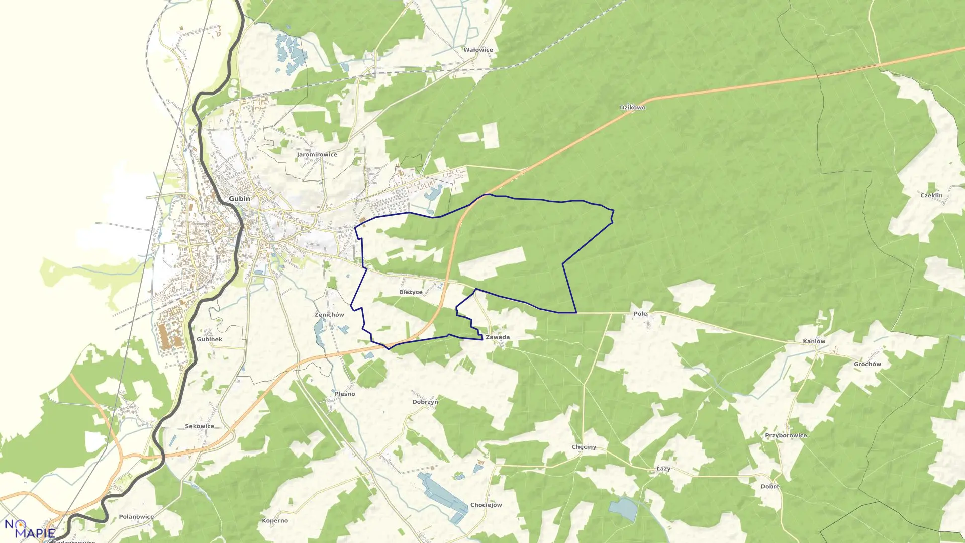 Mapa obrębu Bieżyce w gminie Gubin